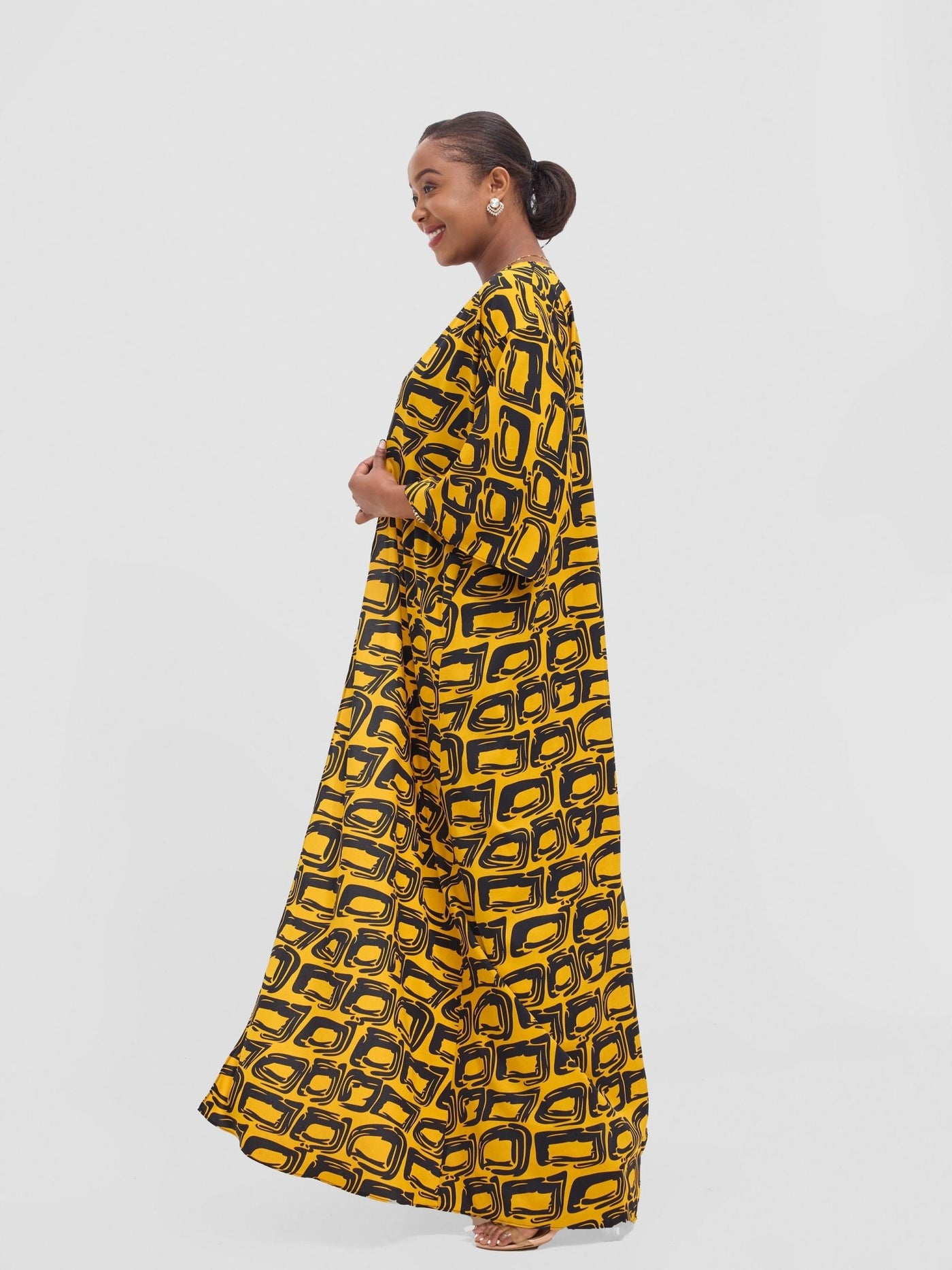 Vivo Alek 3/4 sleeve A - Line Kimono - Mustard / Black Umbo Print - Shopzetu