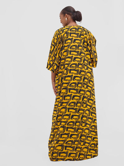 Vivo Alek 3/4 sleeve A - Line Kimono - Mustard / Black Umbo Print - Shopzetu