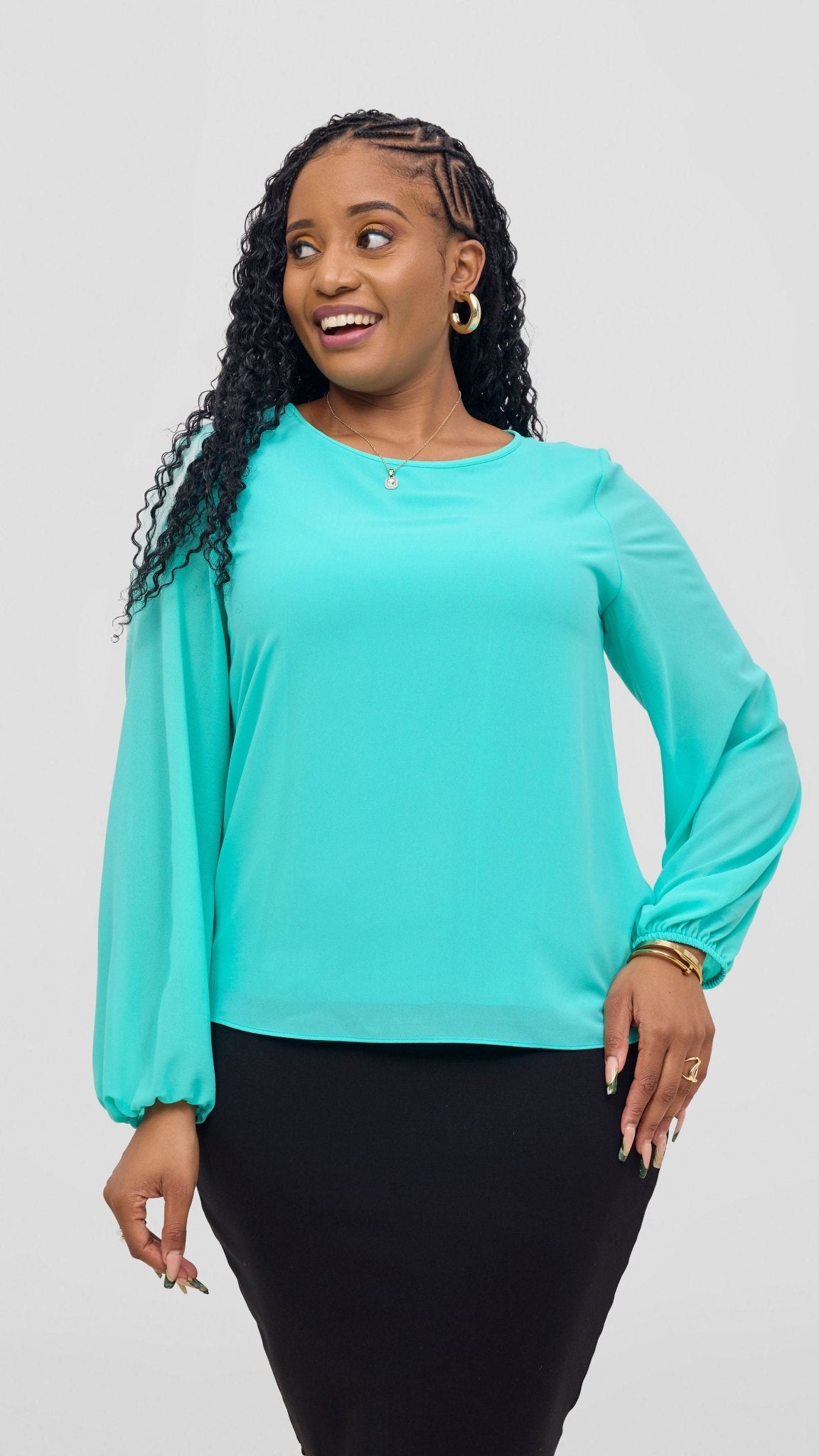 Vivo Basic Chiffon Bishop Sleeve Top (Double Layered) - Sea Green - Shopzetu