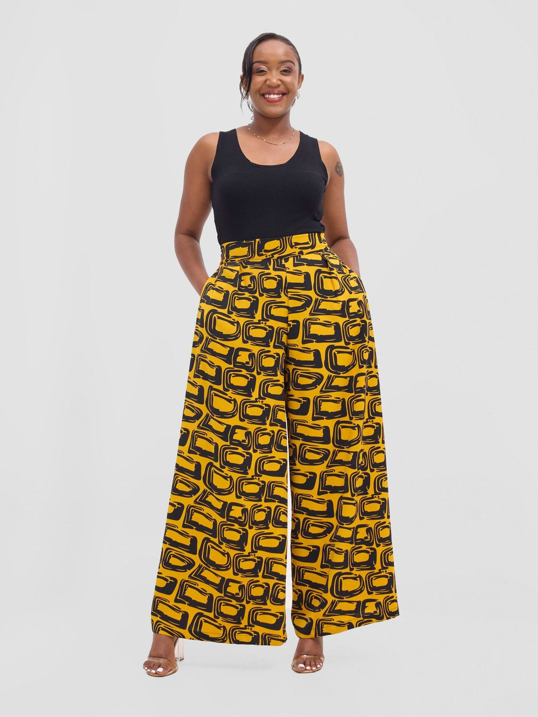 Vivo Basic Crepe Pants - Mustard / Black Umbo Print - Shopzetu