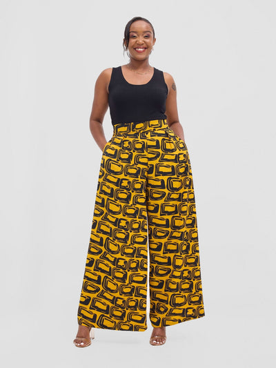 Vivo Basic Crepe Pants - Mustard / Black Umbo Print - Shopzetu