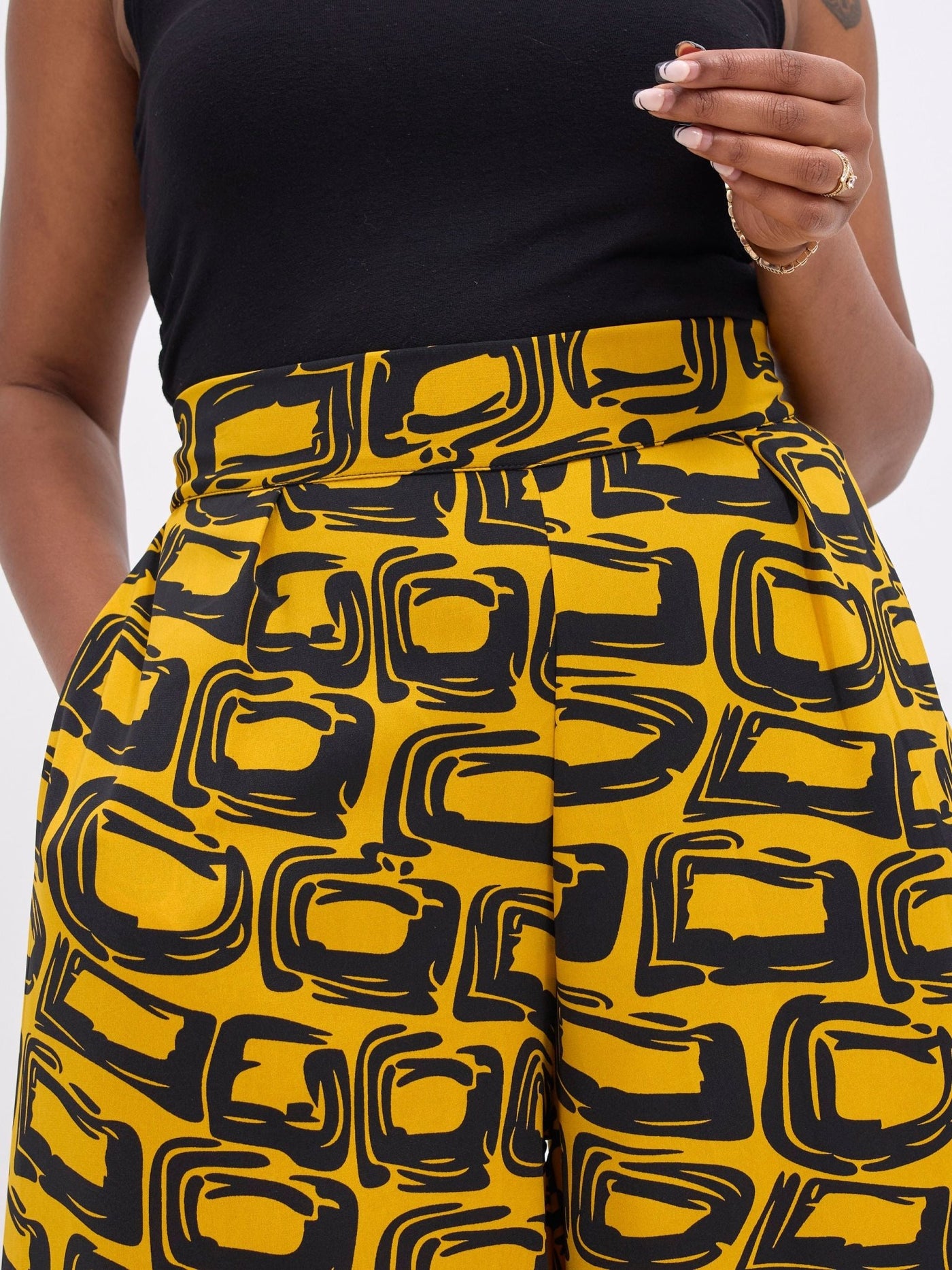 Vivo Basic Crepe Pants - Mustard / Black Umbo Print - Shopzetu