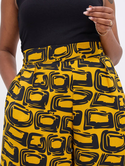 Vivo Basic Crepe Pants - Mustard / Black Umbo Print - Shopzetu