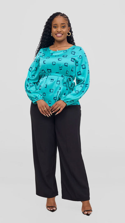 Vivo Basic Satin Bishop Sleeve Top - Sea Green / Navy Nita Print - Shopzetu