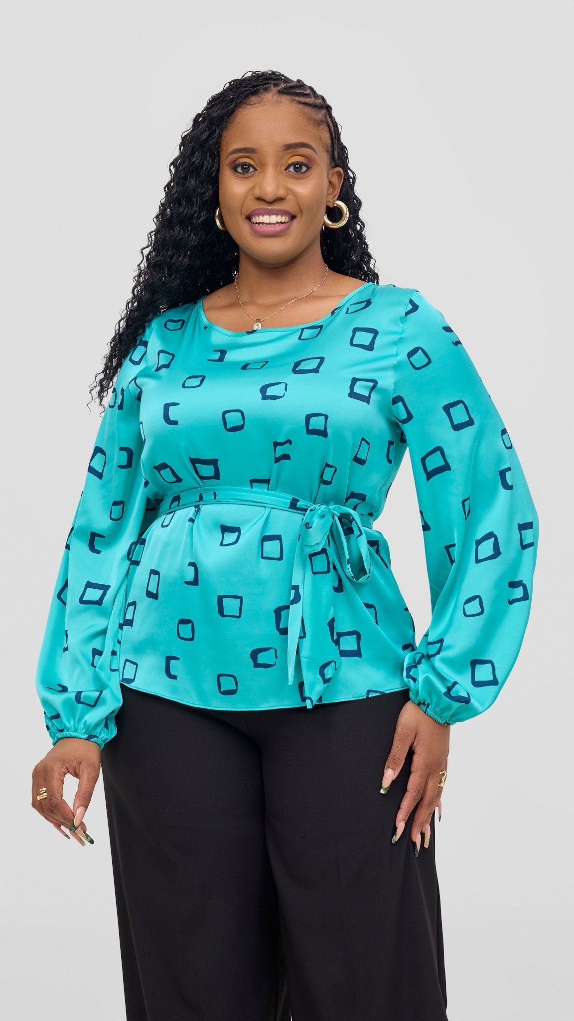 Vivo Basic Satin Bishop Sleeve Top - Sea Green / Navy Nita Print - Shopzetu