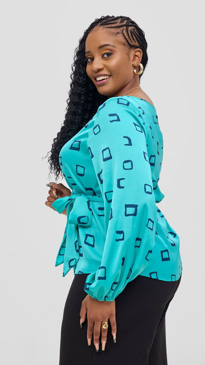 Vivo Basic Satin Bishop Sleeve Top - Sea Green / Navy Nita Print - Shopzetu