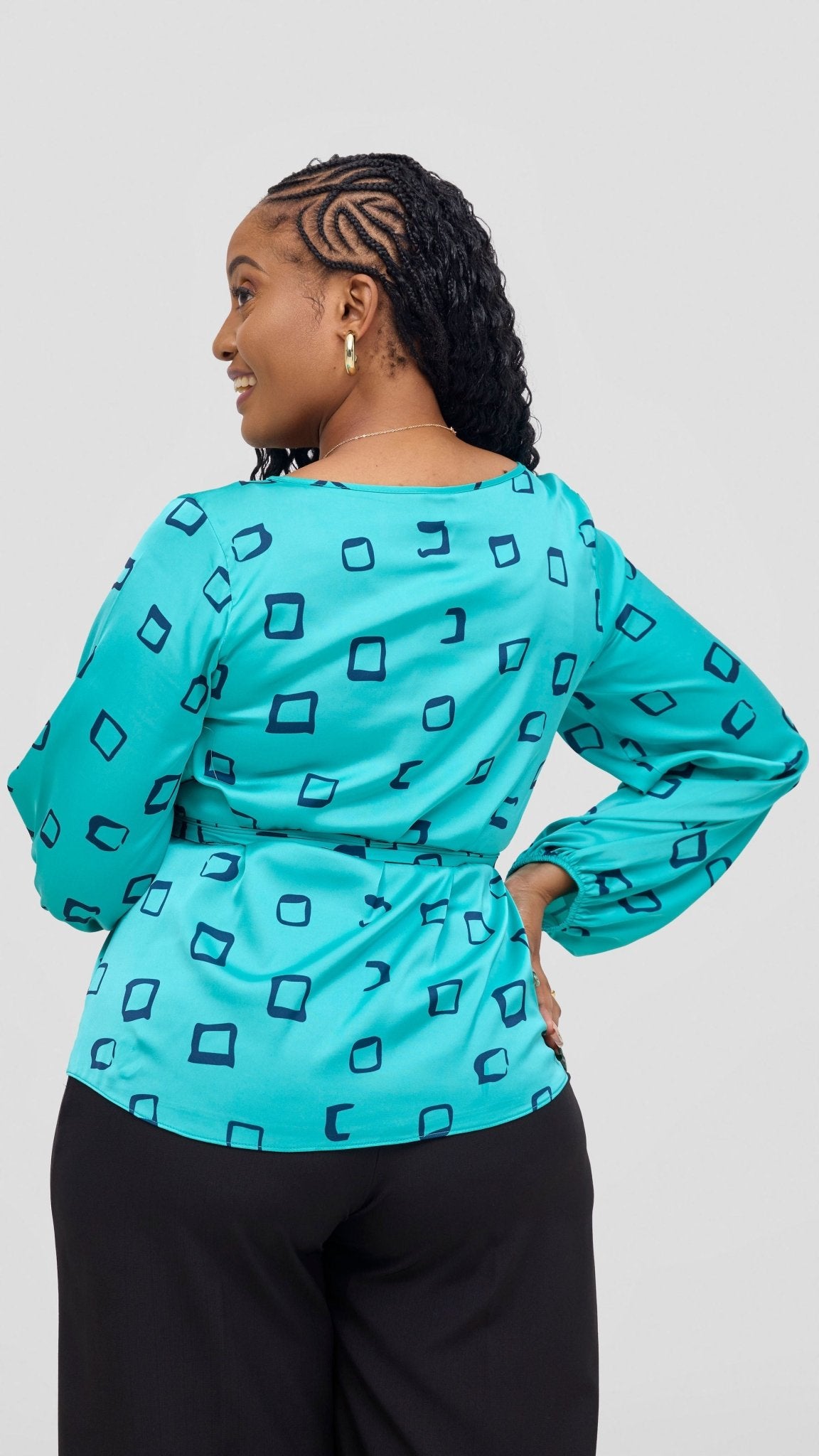 Vivo Basic Satin Bishop Sleeve Top - Sea Green / Navy Nita Print - Shopzetu