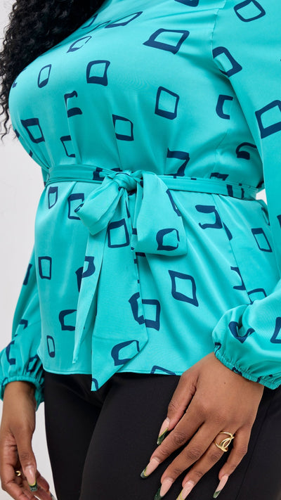Vivo Basic Satin Bishop Sleeve Top - Sea Green / Navy Nita Print - Shopzetu