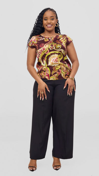 Vivo Basic Satin Cap Sleeve Top - Burgundy / Tan Print - Shopzetu