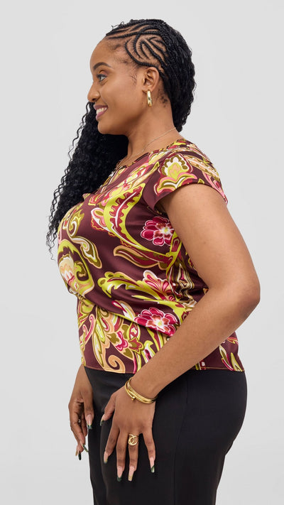 Vivo Basic Satin Cap Sleeve Top - Burgundy / Tan Print - Shopzetu