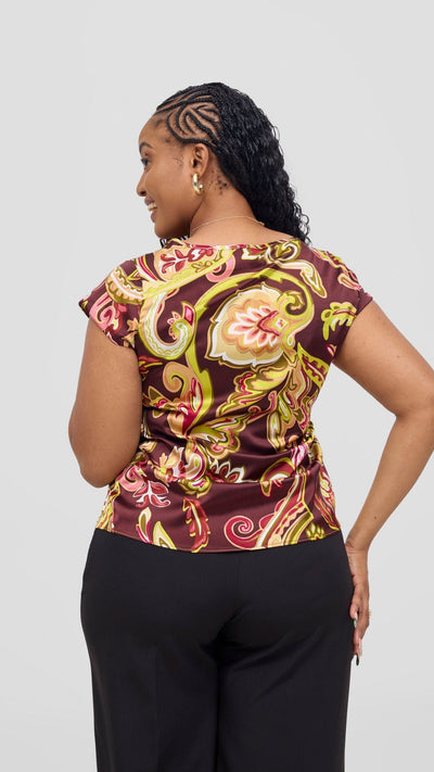 Vivo Basic Satin Cap Sleeve Top - Burgundy / Tan Print - Shopzetu