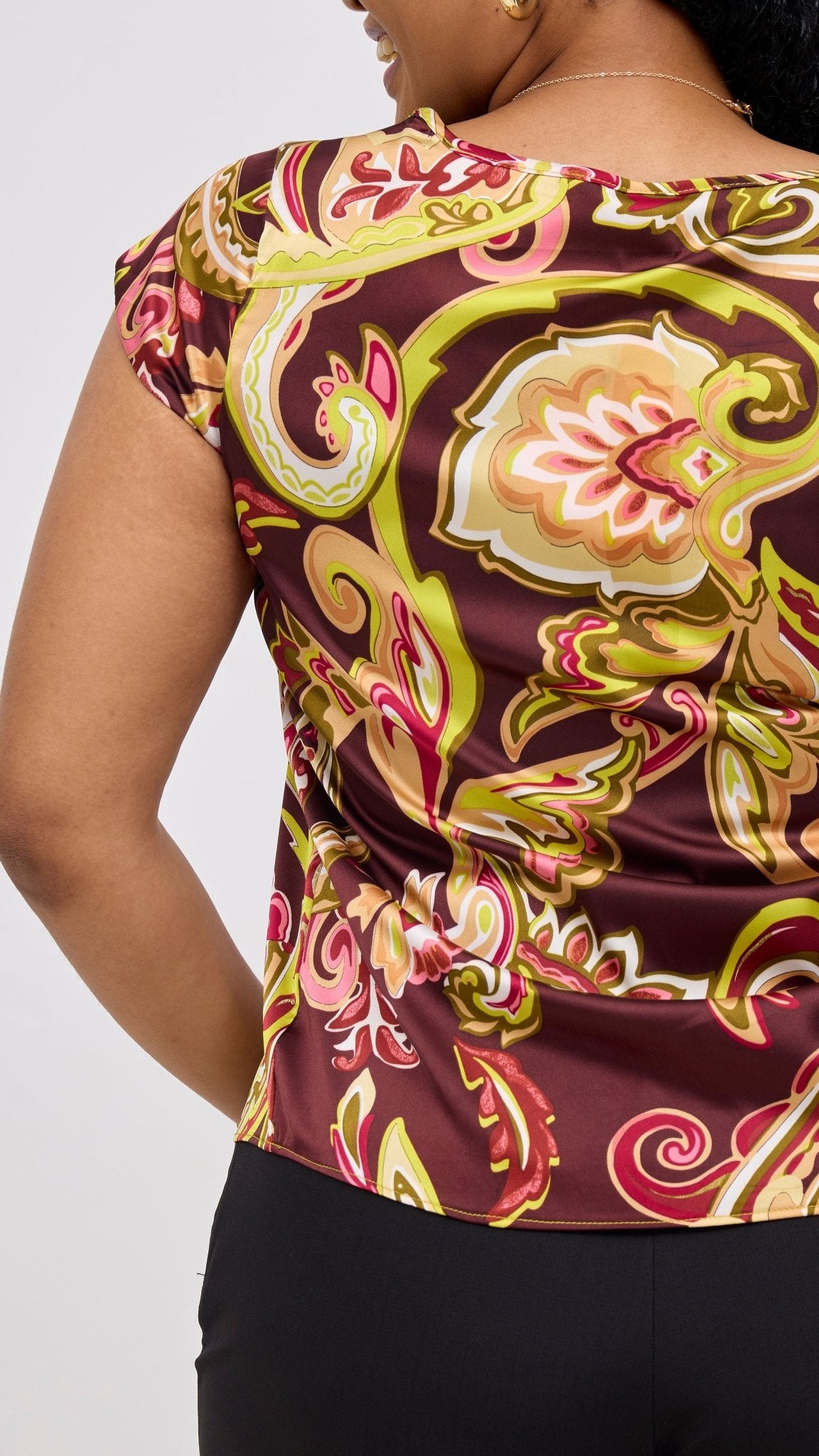 Vivo Basic Satin Cap Sleeve Top - Burgundy / Tan Print - Shopzetu
