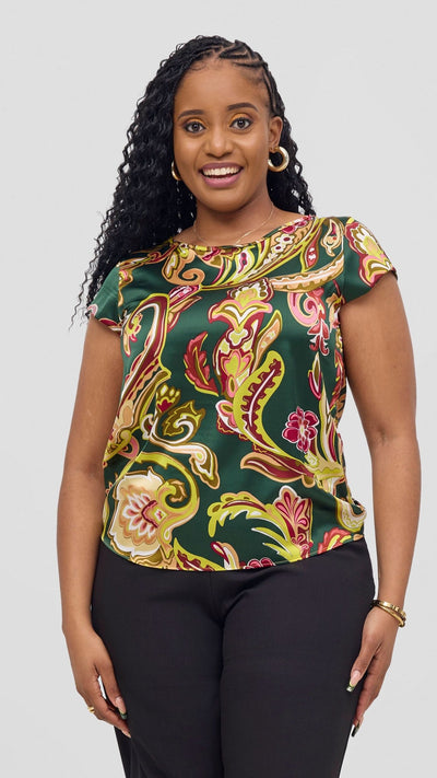 Vivo Basic Satin Cap Sleeve Top - Dark Green / Hunters Print - Shopzetu