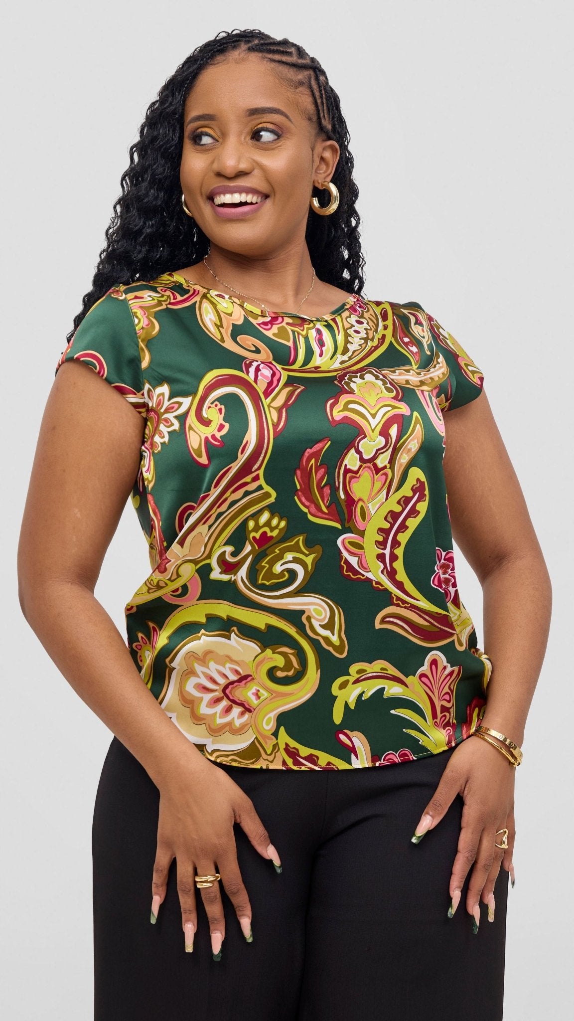Vivo Basic Satin Cap Sleeve Top - Dark Green / Hunters Print - Shopzetu