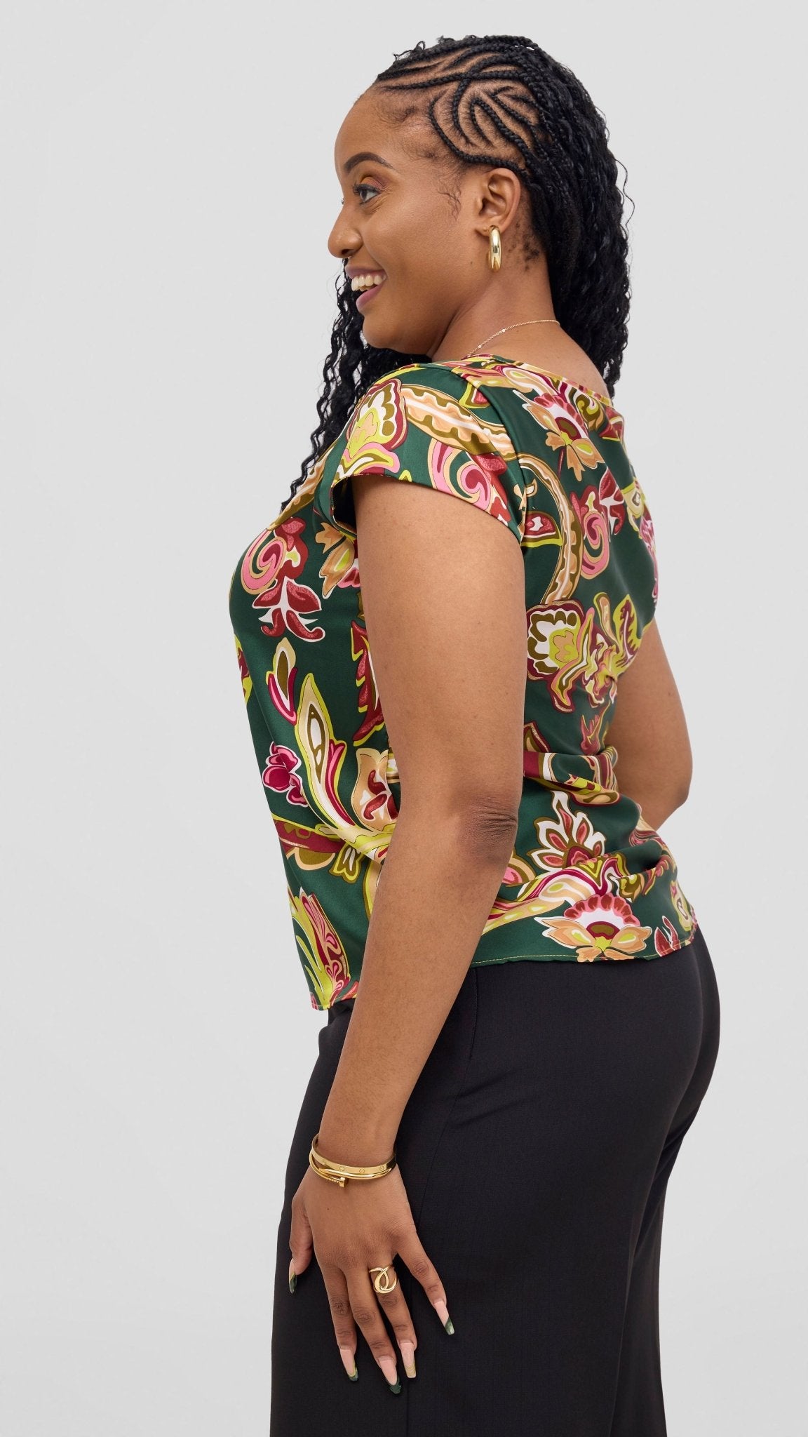 Vivo Basic Satin Cap Sleeve Top - Dark Green / Hunters Print - Shopzetu