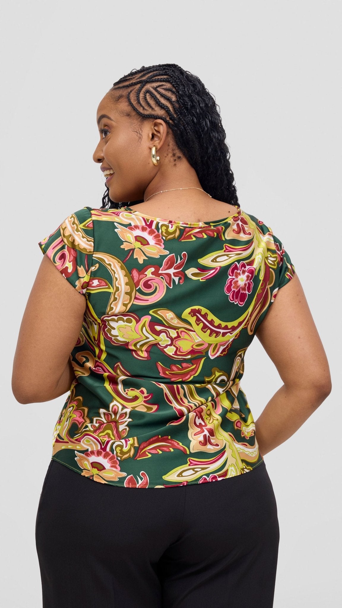 Vivo Basic Satin Cap Sleeve Top - Dark Green / Hunters Print - Shopzetu