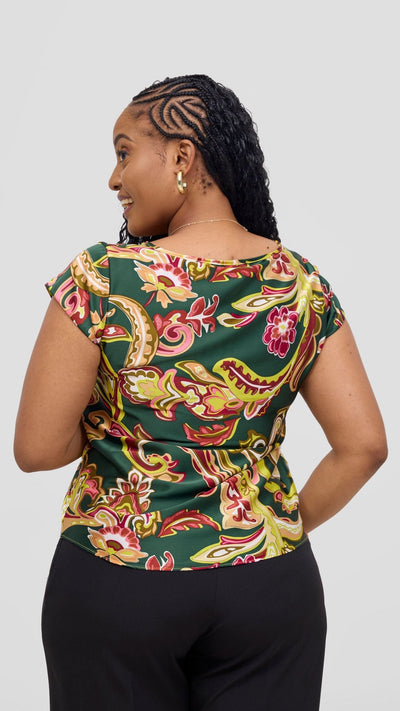 Vivo Basic Satin Cap Sleeve Top - Dark Green / Hunters Print - Shopzetu