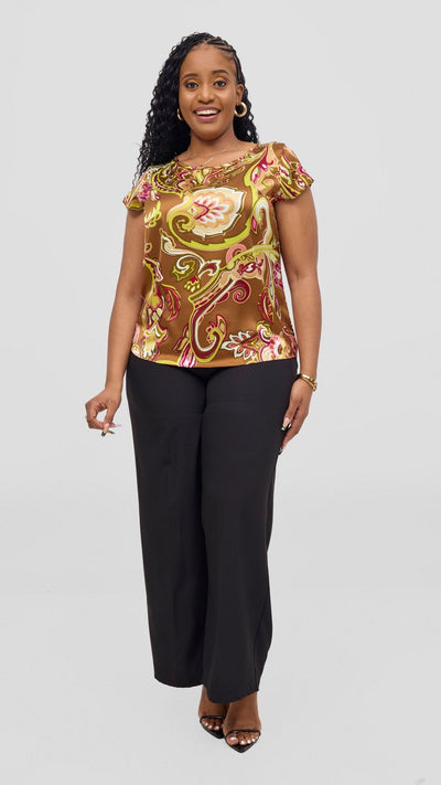 Vivo Basic Satin Cap Sleeve Top - Dark Tan / Lime Print - Shopzetu