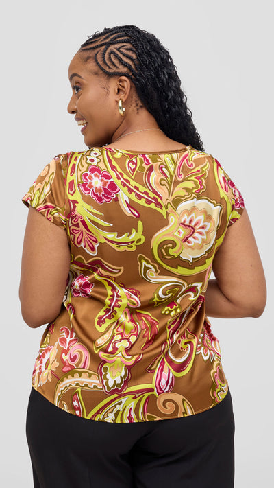 Vivo Basic Satin Cap Sleeve Top - Dark Tan / Lime Print