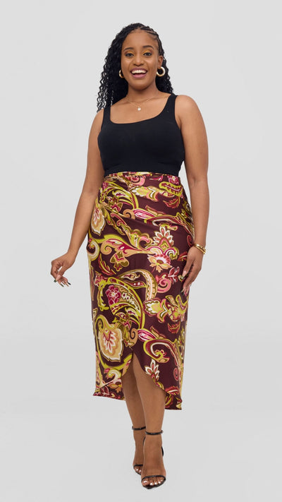 Vivo Sarong Skirt - Burgundy / Tan Print - Shopzetu