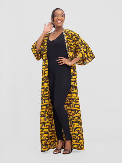 Vivo Alek 3/4 sleeve A - Line Kimono - Mustard / Black Umbo Print - Shopzetu