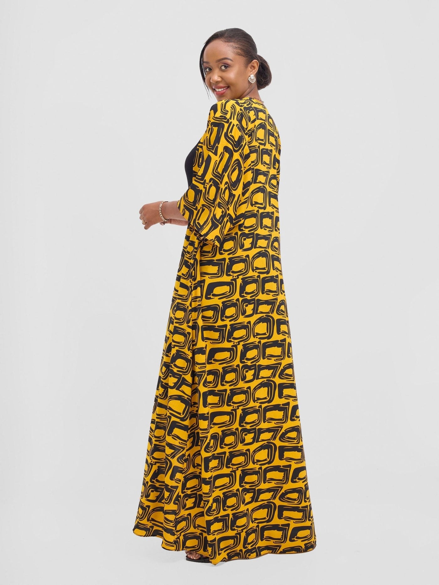Vivo Alek 3/4 sleeve A - Line Kimono - Mustard / Black Umbo Print - Shopzetu