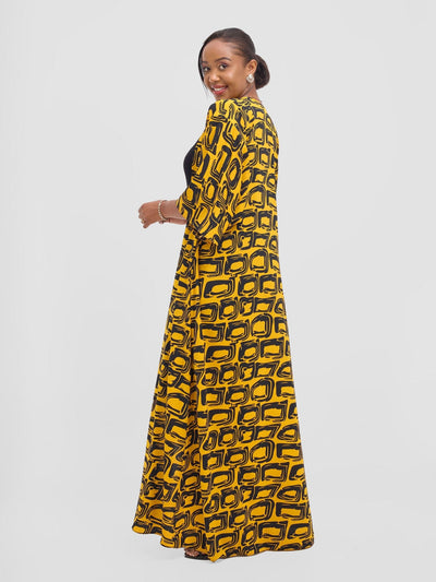Vivo Alek 3/4 sleeve A - Line Kimono - Mustard / Black Umbo Print - Shopzetu