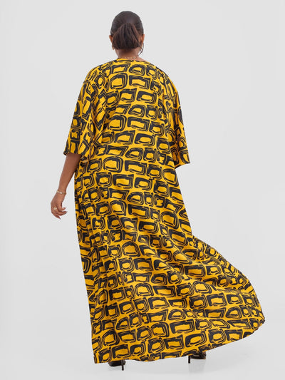Vivo Alek 3/4 sleeve A - Line Kimono - Mustard / Black Umbo Print - Shopzetu