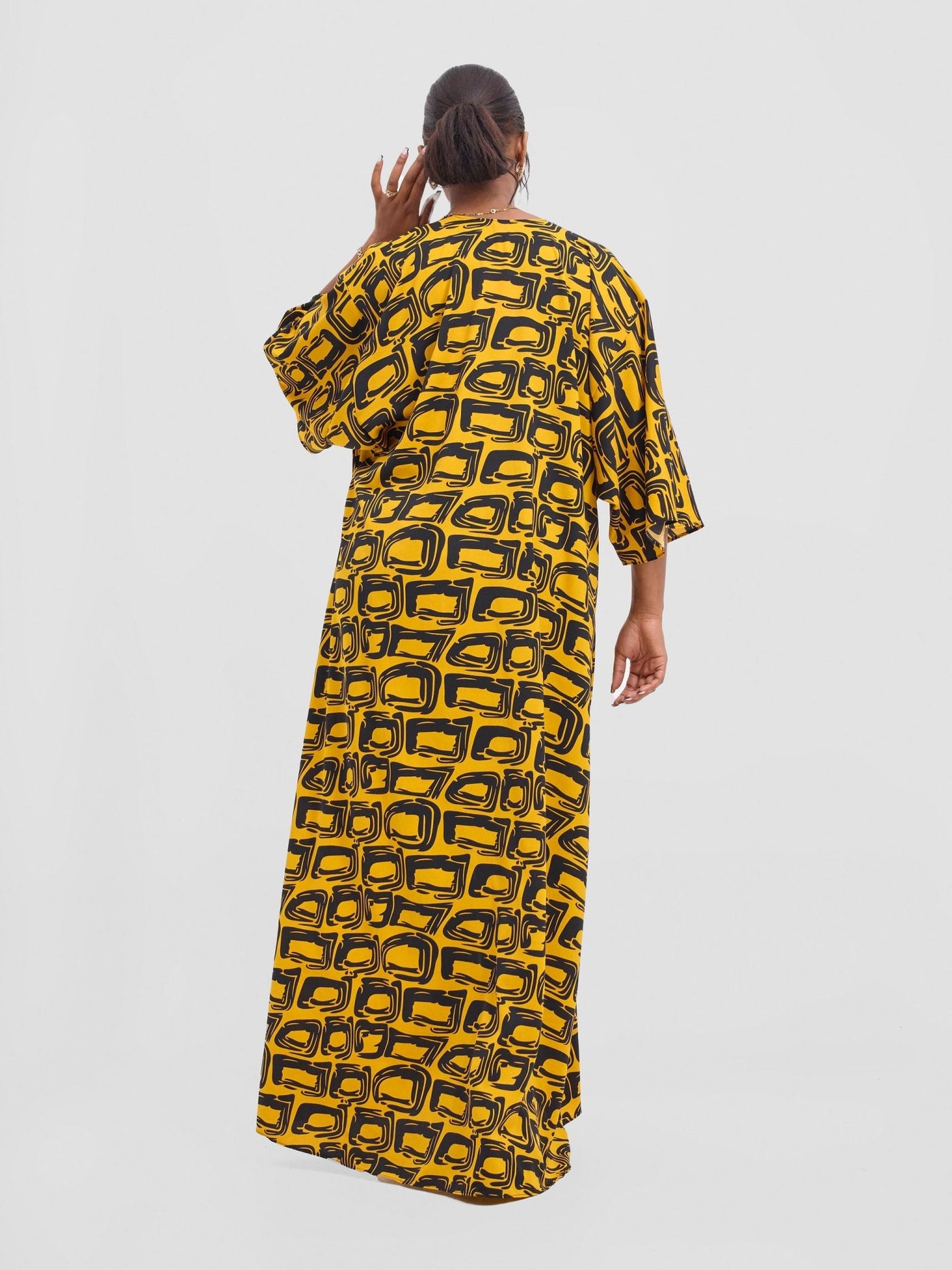 Vivo Alek 3/4 sleeve A - Line Kimono - Mustard / Black Umbo Print - Shopzetu