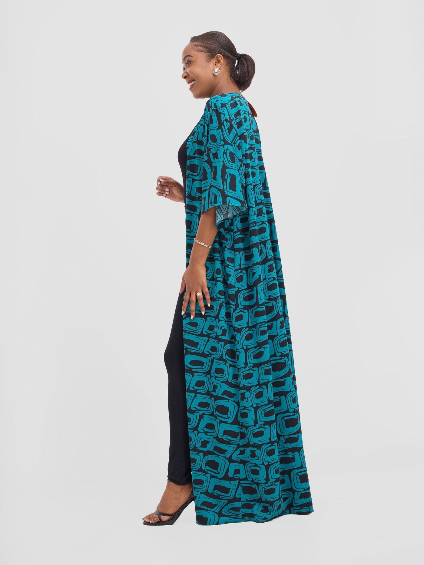 Vivo Alek 3/4 sleeve A - Line Kimono - Teal / Black Umbo Print - Shopzetu