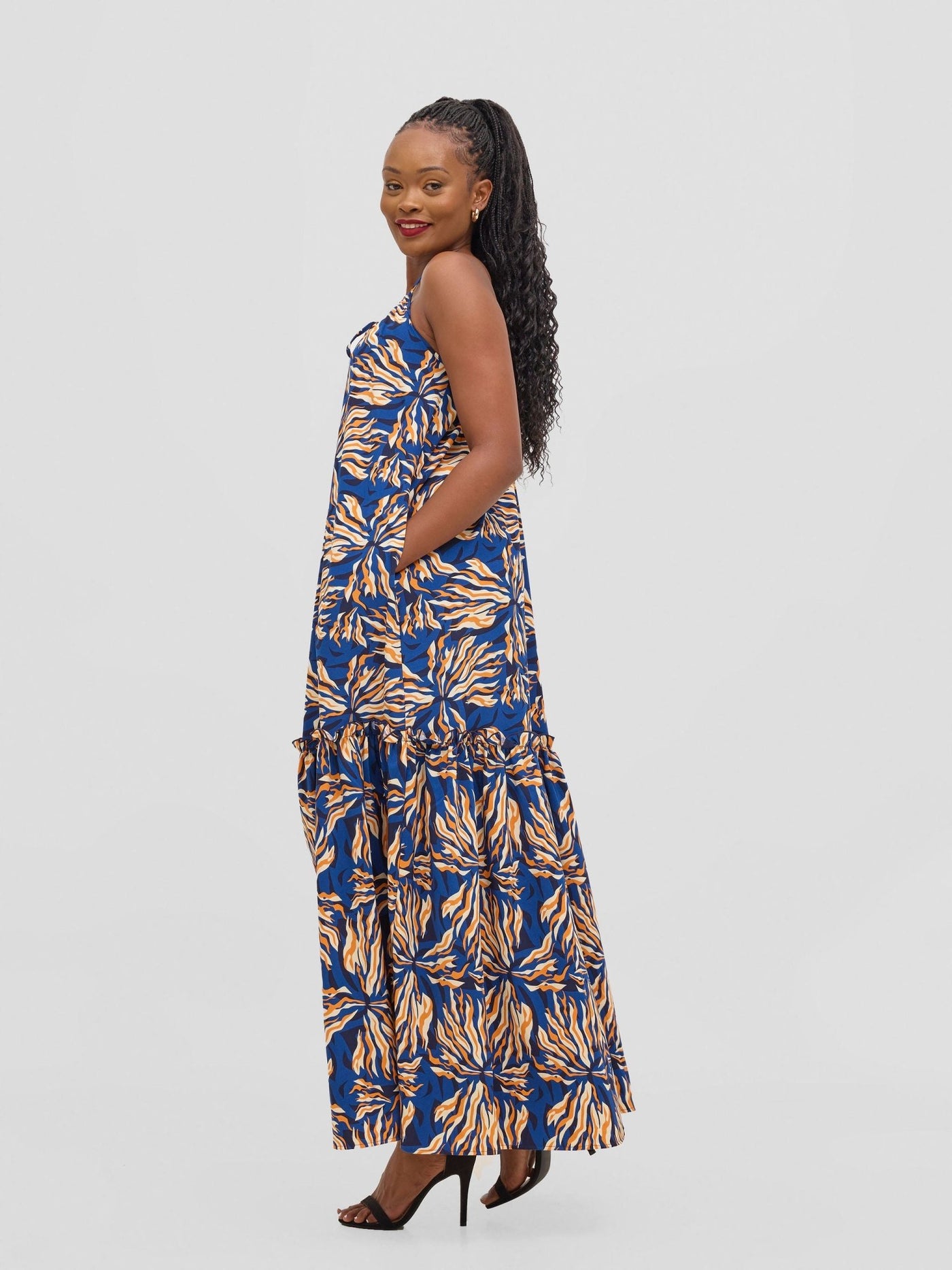 Vivo Sarabi Strappy Flounce Maxi Dress - Orange / Cobalt Print - Shopzetu