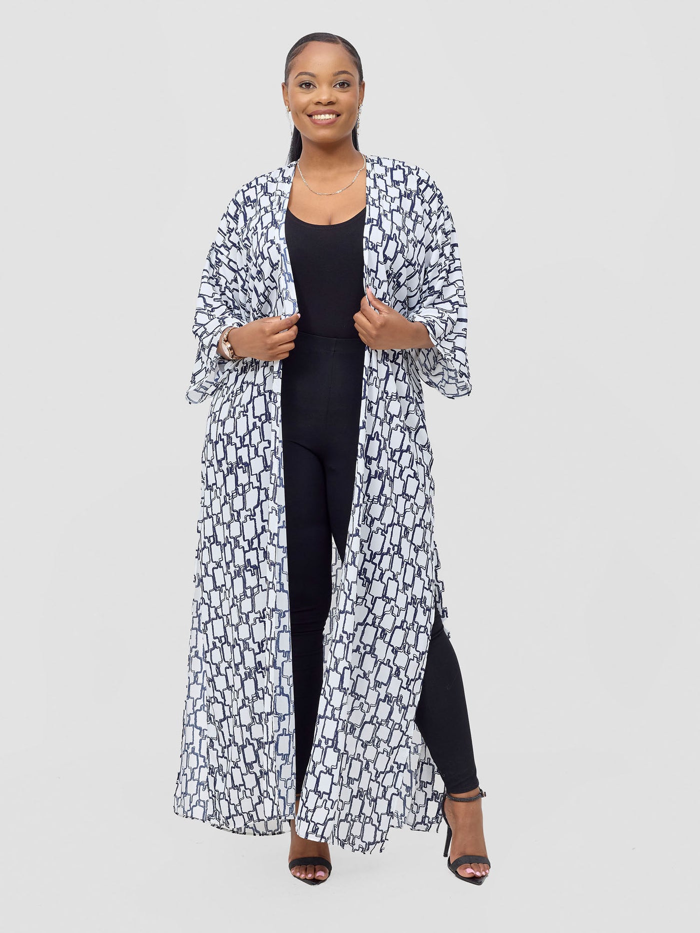 Vivo Basic Nandi A-Line Kimono - White / Navy Kito Print
