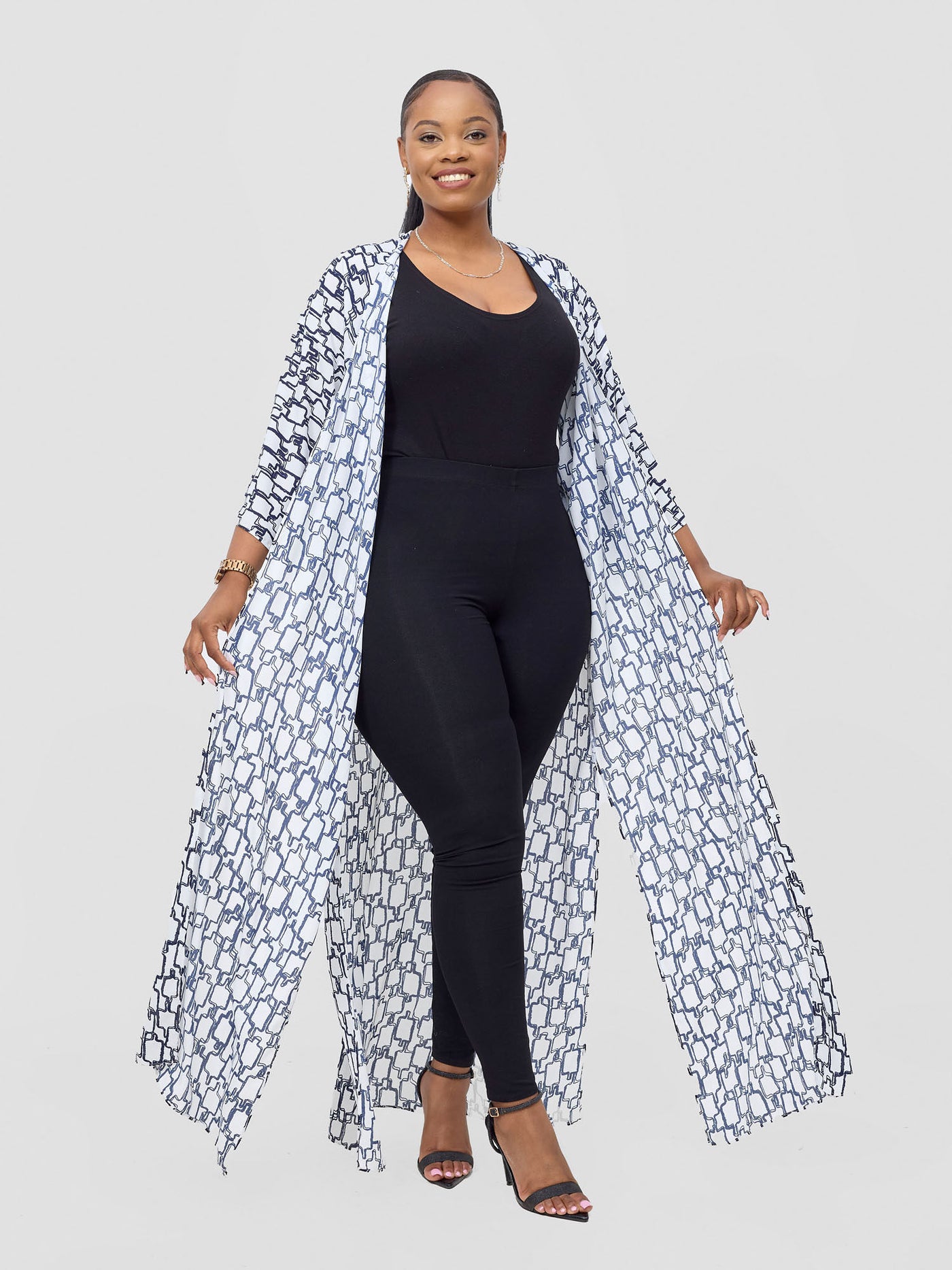 Vivo Basic Nandi A-Line Kimono - White / Navy Kito Print