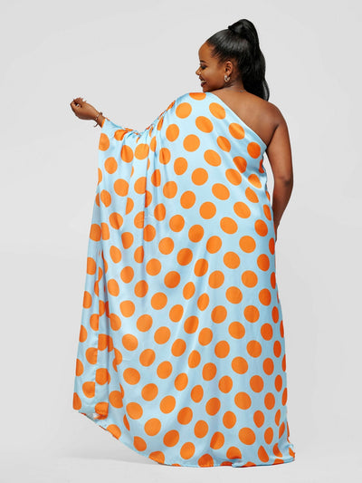 Tuli Nzilani One Shoulder Blue With Mustard Polka Dot Kaftan - Blue / Mustard - Shopzetu