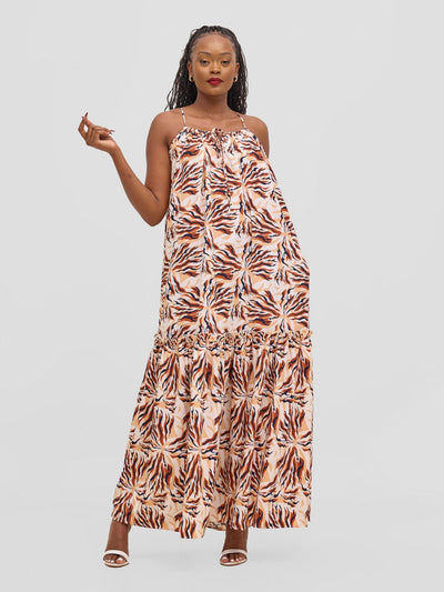 Vivo Sarabi Strappy Flounce Maxi Dress - White / Brown Print - Shopzetu