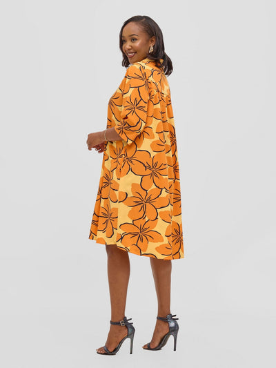 Vivo Reba Hi Low Dress - Orange / Navy Print - Shopzetu
