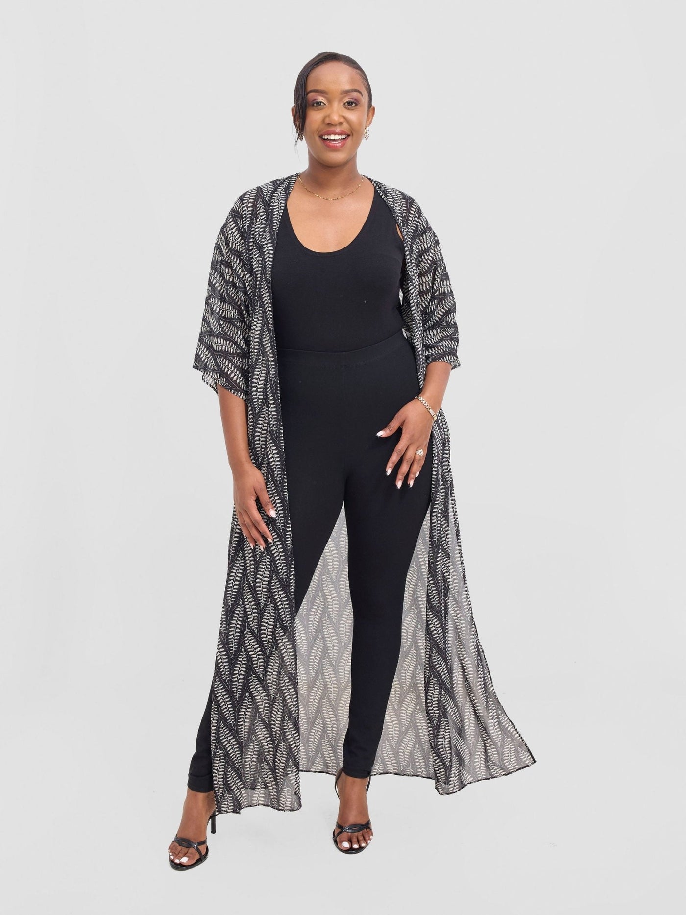 Vivo Basic Nandi A - Line Kimono - Black / White Off - white Nel Print - Shopzetu