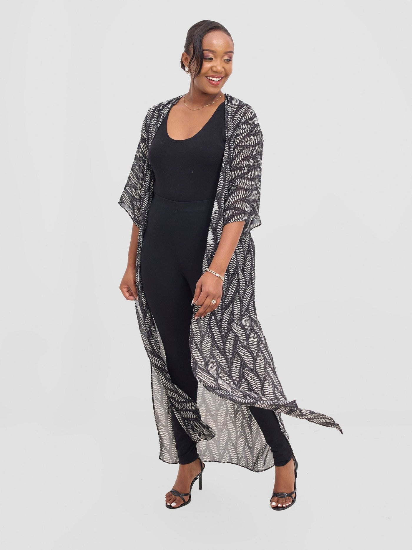 Vivo Basic Nandi A - Line Kimono - Black / White Off - white Nel Print - Shopzetu