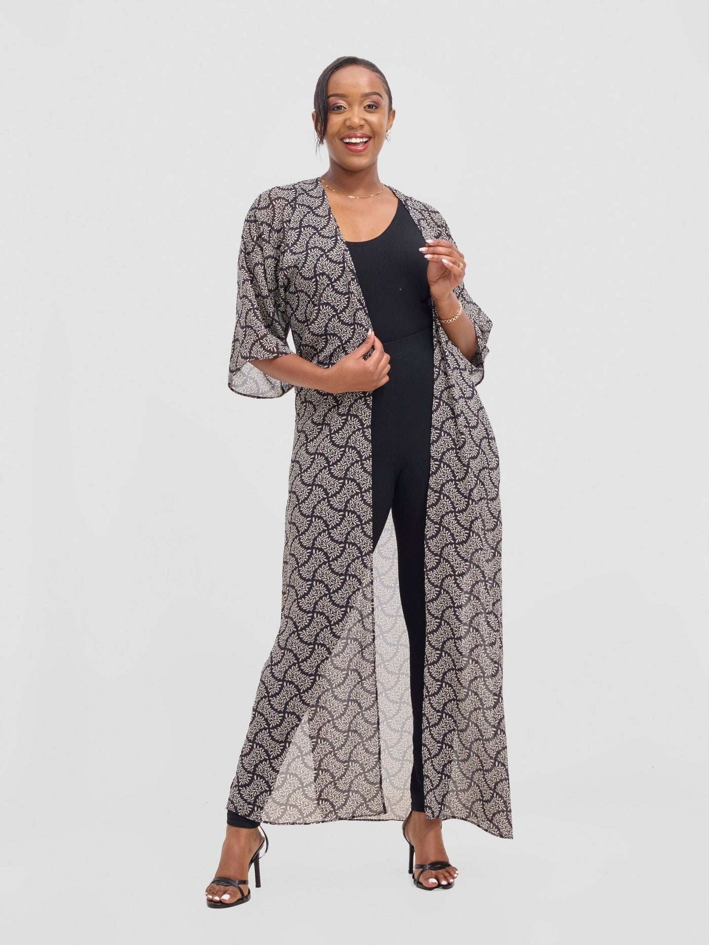 Vivo Basic Nandi A - Line Kimono - Black / White Off - white Ane Print - Shopzetu