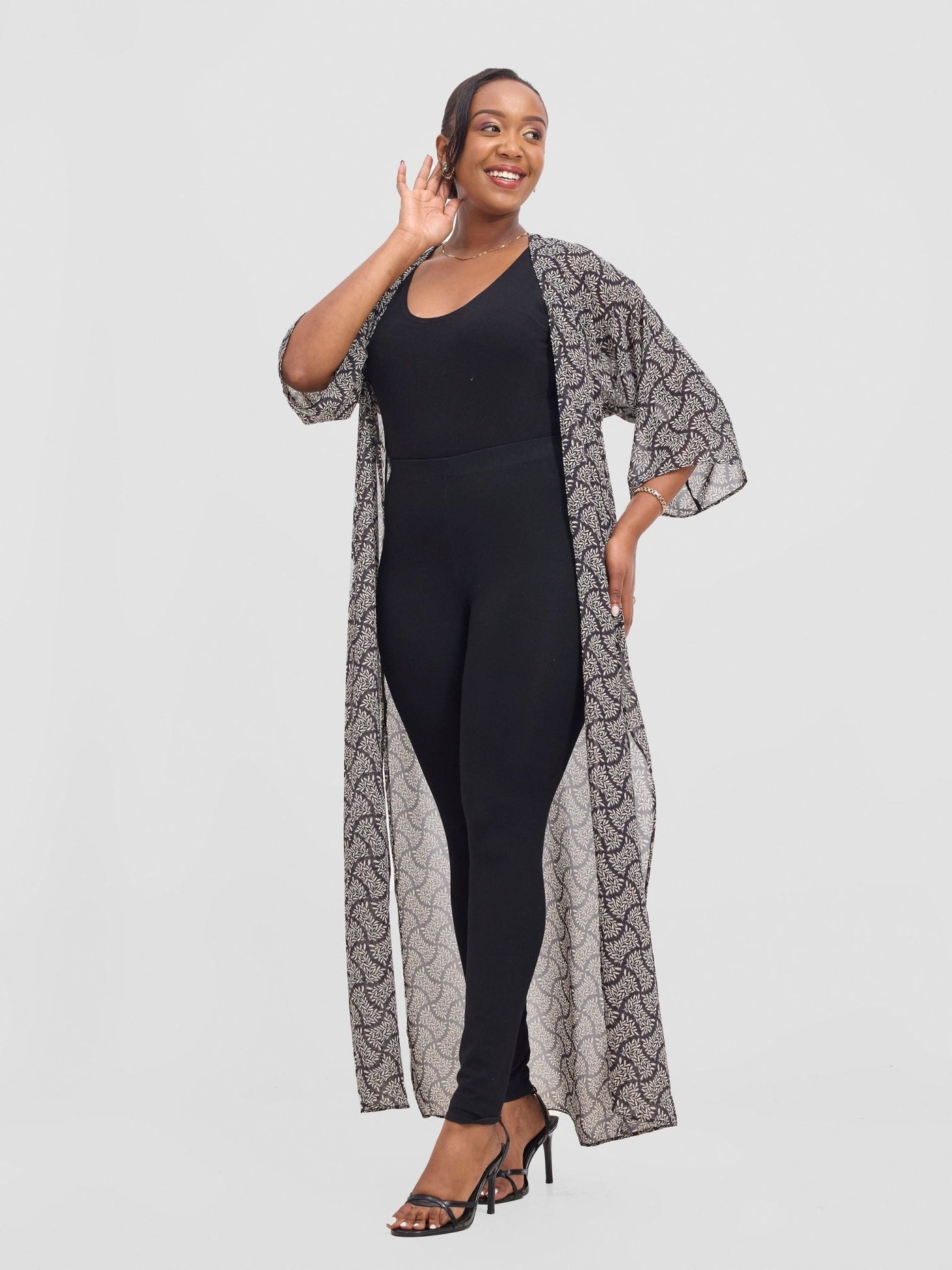 Vivo Basic Nandi A - Line Kimono - Black / White Off - white Ane Print - Shopzetu