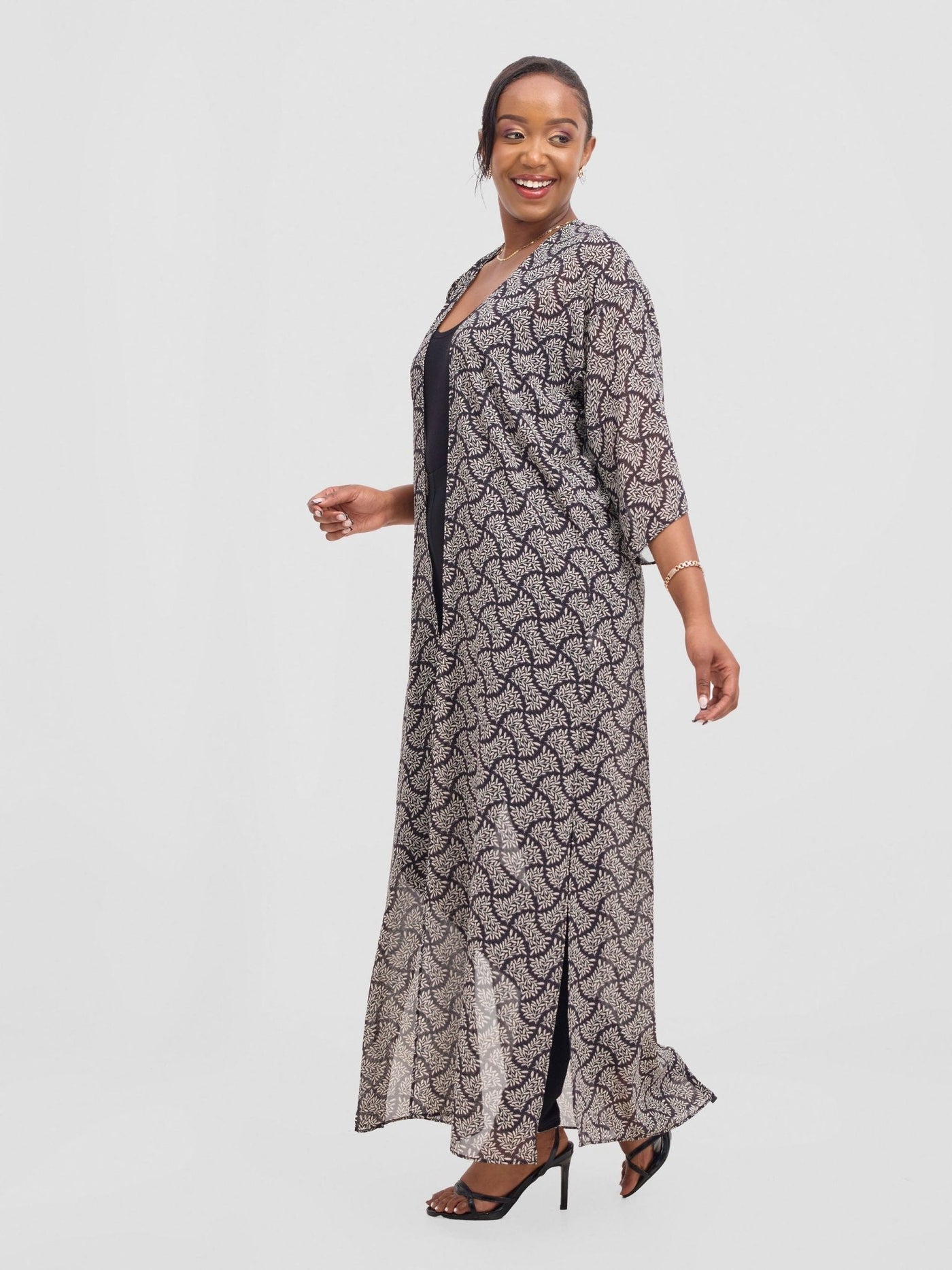 Vivo Basic Nandi A - Line Kimono - Black / White Off - white Ane Print - Shopzetu