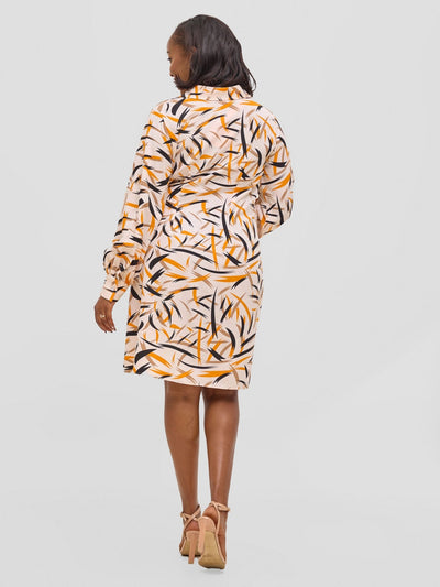 Vivo Arafa Long Sleeve Tie Dress - Taupe / Orange Rafa Print - Shopzetu