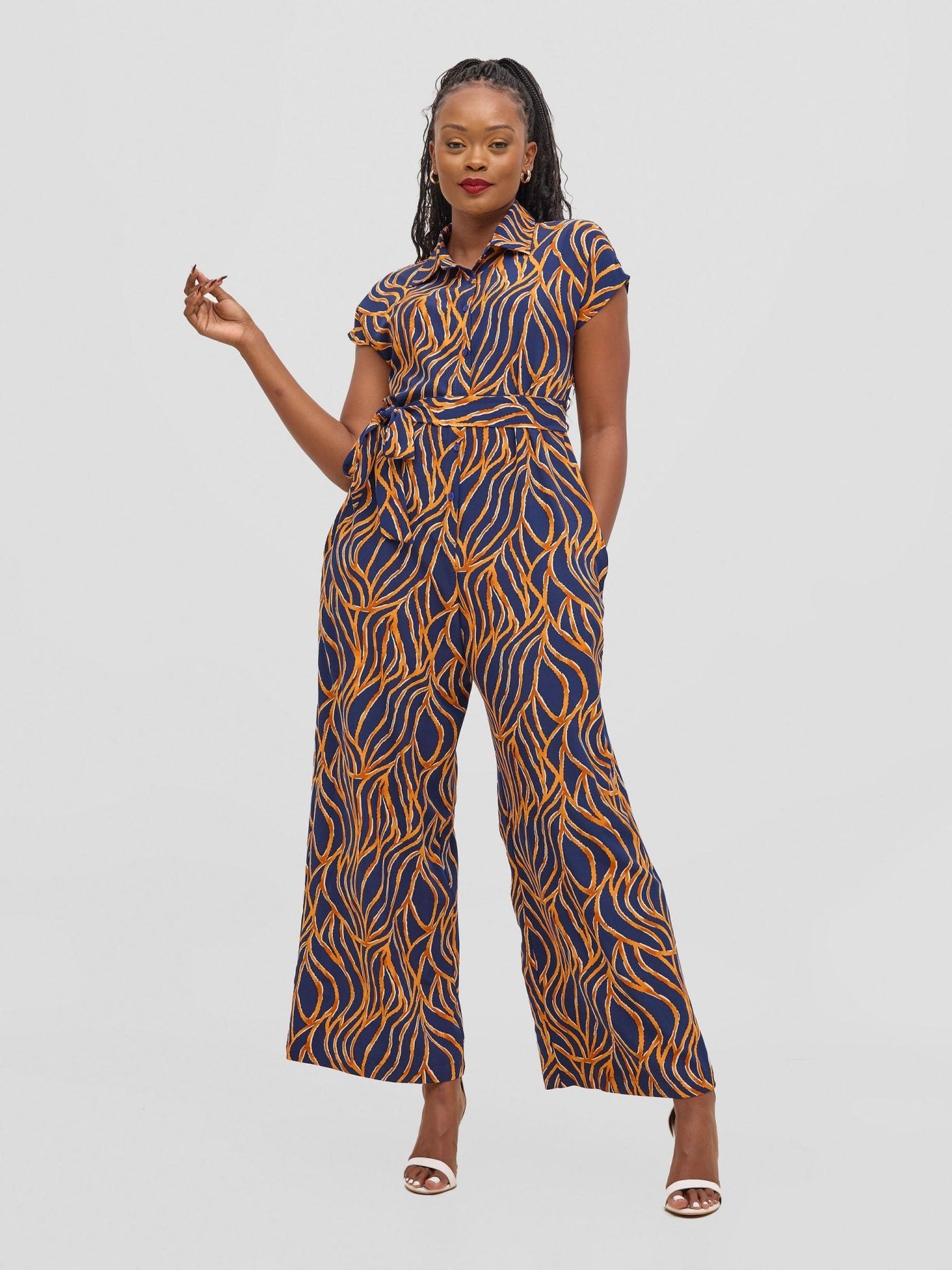 Vivo Ayla Drop Shoulder Jumpsuit - Navy / Orange Print - Shopzetu