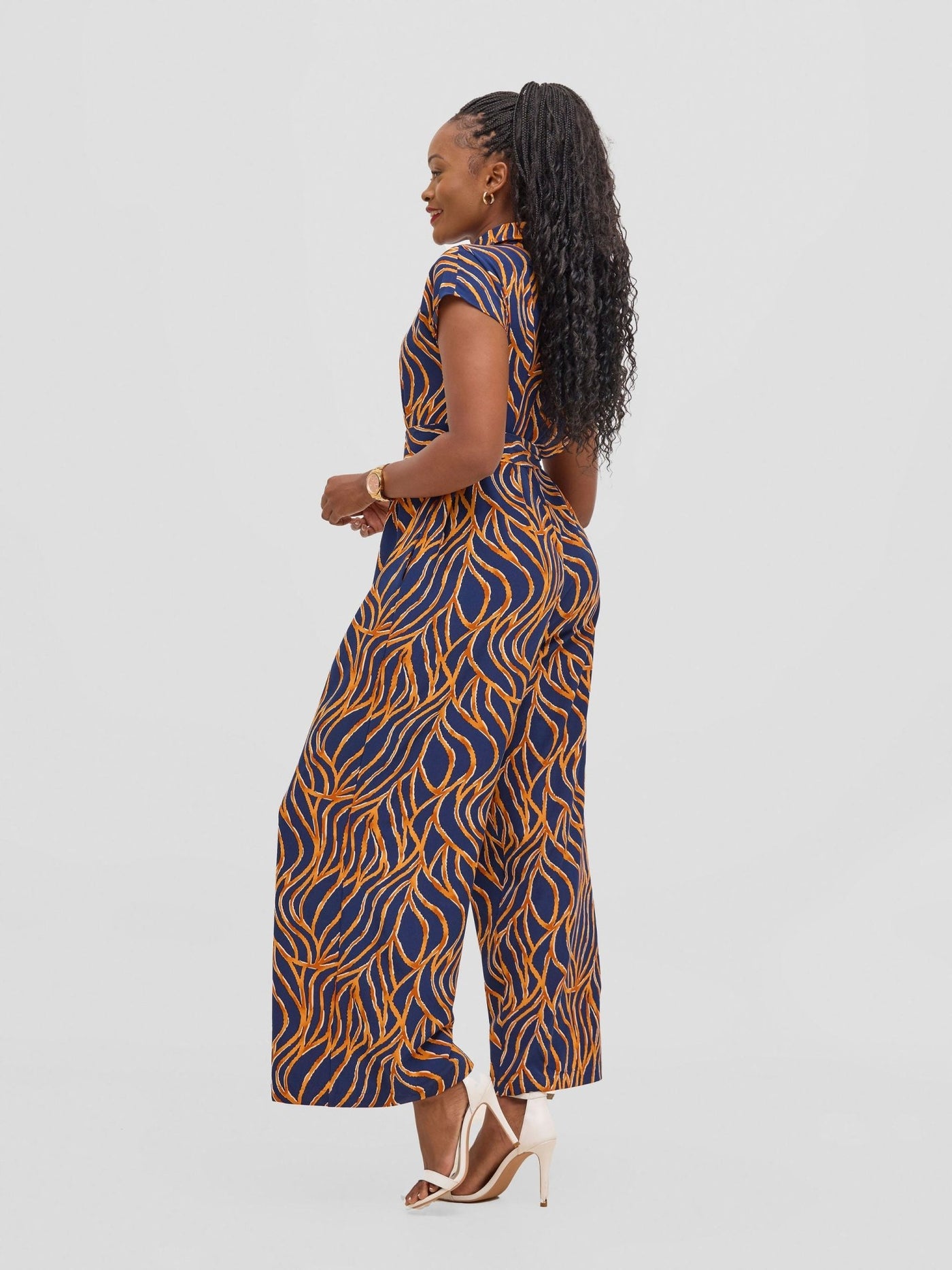 Vivo Ayla Drop Shoulder Jumpsuit - Navy / Orange Print - Shopzetu