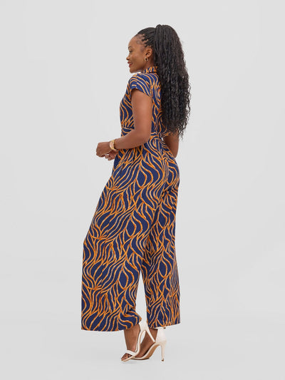 Vivo Ayla Drop Shoulder Jumpsuit - Navy / Orange Print - Shopzetu