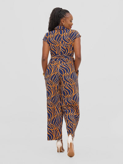 Vivo Ayla Drop Shoulder Jumpsuit - Navy / Orange Print - Shopzetu