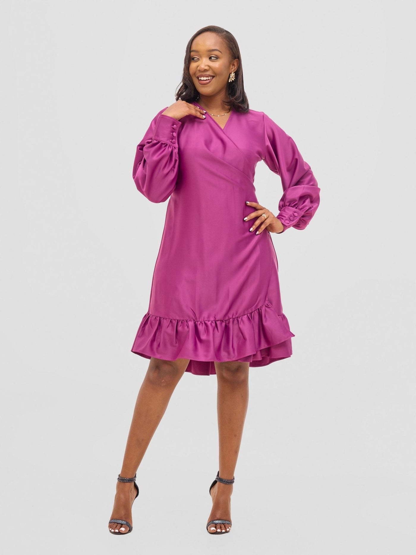 Vivo Merika Knee Length Wrap Dress - Plum - Shopzetu