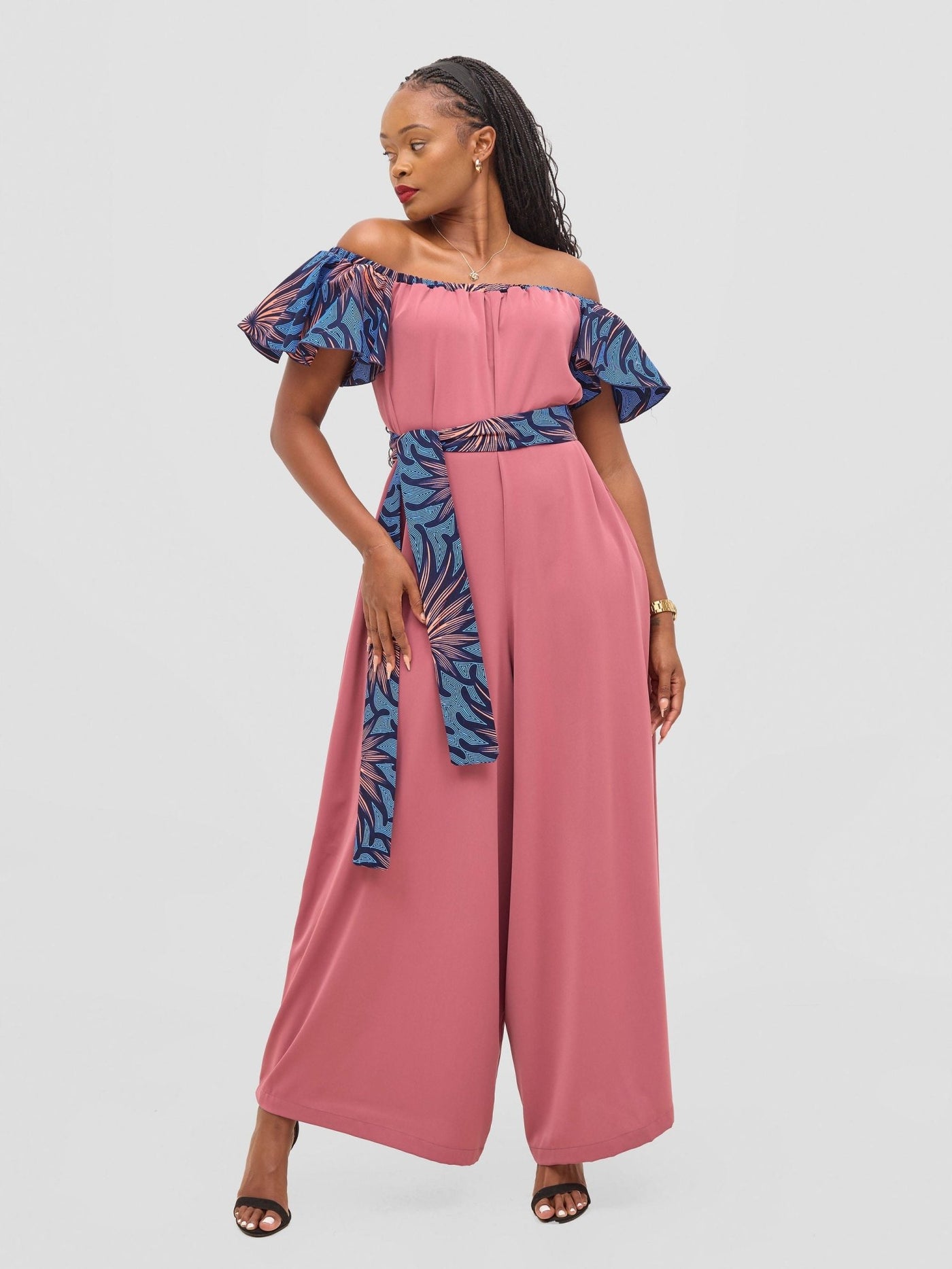 Vivo Fara Off Shoulder Flounce Sleeve Jumpsuit - Dusty Pink - Shopzetu