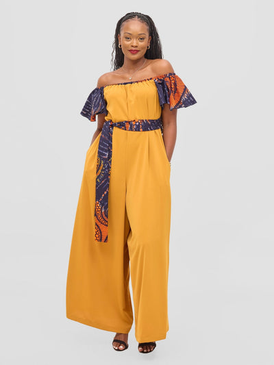 Vivo Fara Off Shoulder Flounce Sleeve Jumpsuit - Mustard - Shopzetu