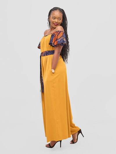 Vivo Fara Off Shoulder Flounce Sleeve Jumpsuit - Mustard - Shopzetu